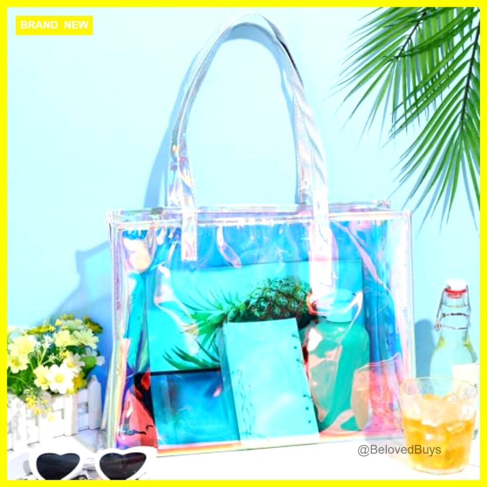 Large Clear Tote Bag with Leather Handle for Beach Work Travel - Picture 3 of 7